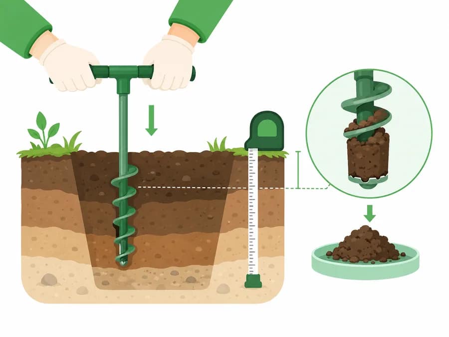 Pushing an auger vertically into the soil to the target depth of the soil profile, checking the depth with a tape measure while catching the soil