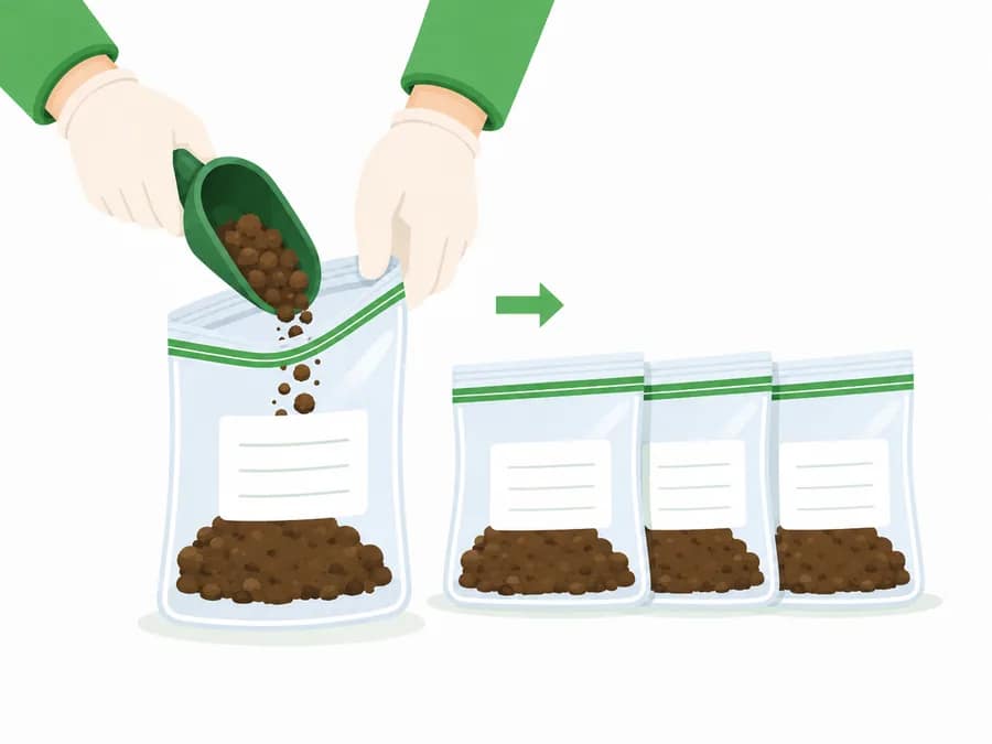 Soil divided one portion per zipper bag, with the filled bags lined up upright and organized