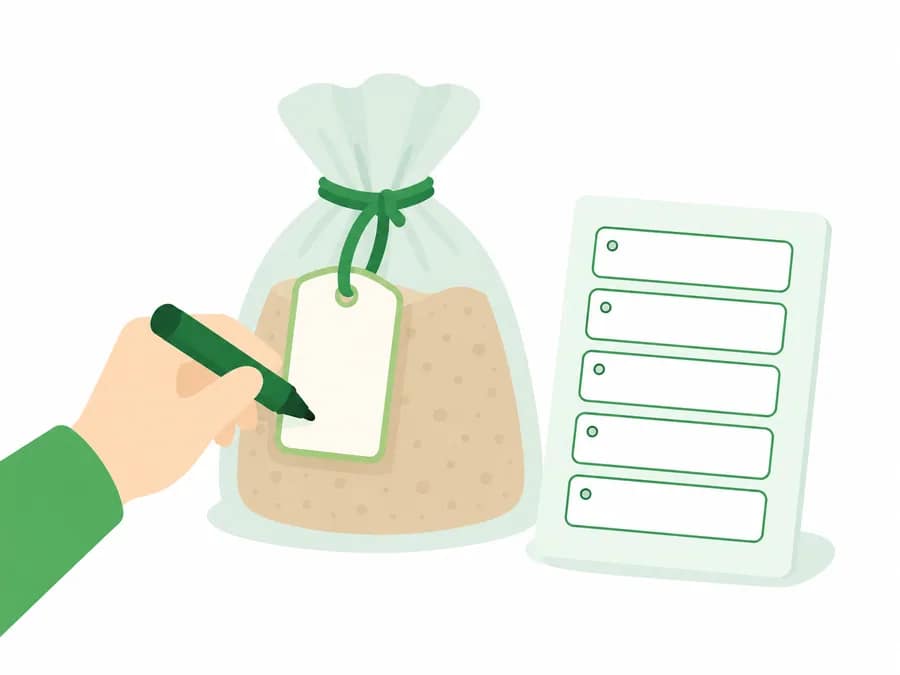 Writing a sample name on a tag attached to a sample bag, with a list of items to record standing beside it
