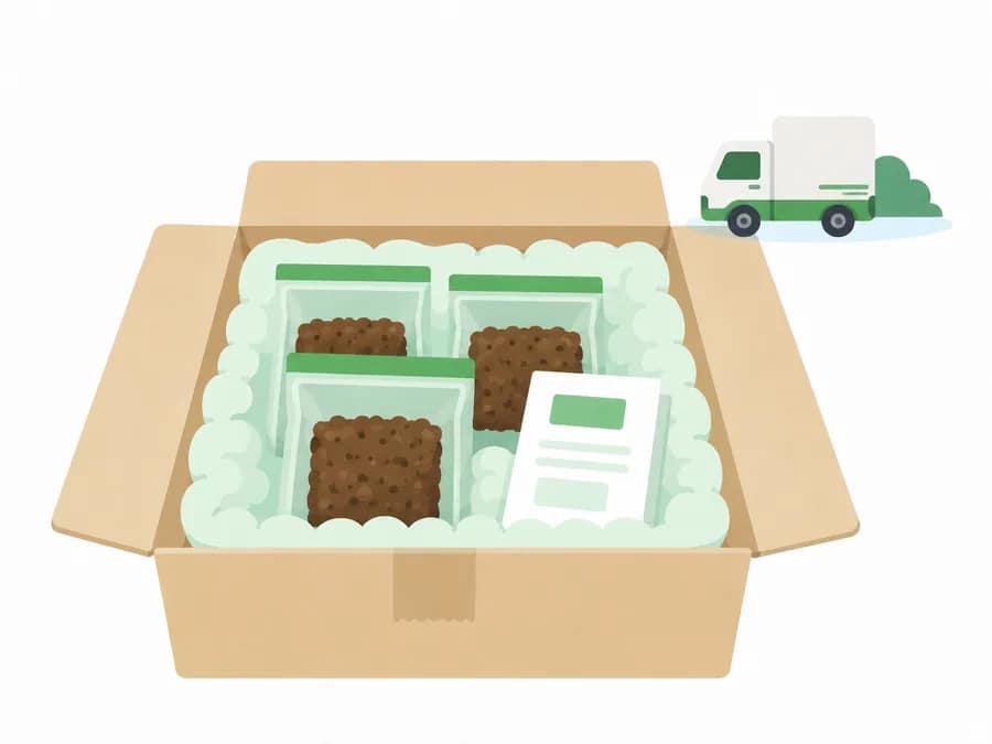 A box filled with cushioning material holding the sample bags together with the request form, ready for shipping
